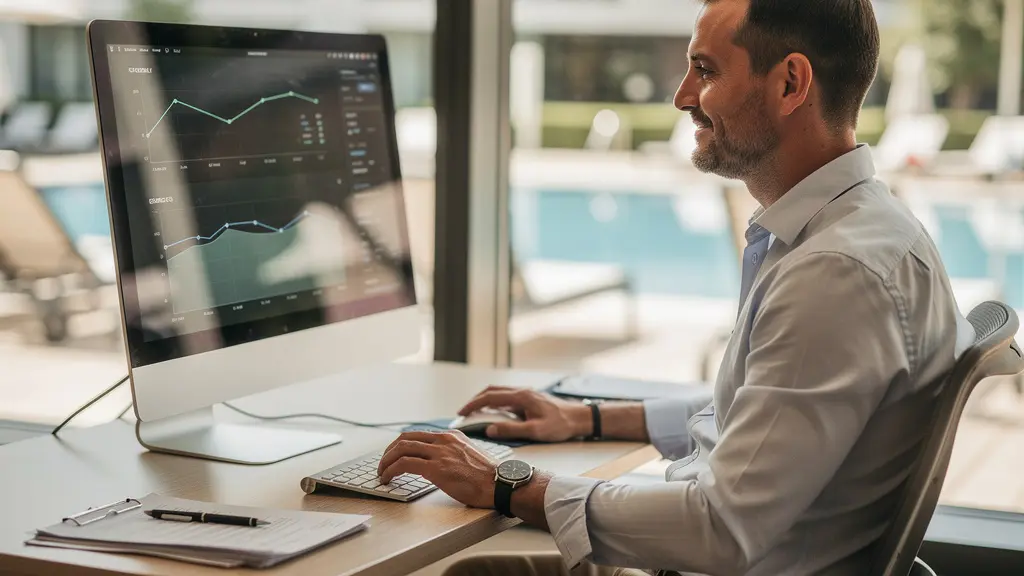 Directeur technique d'hôtel analysant les données de consommation énergétique sur écran