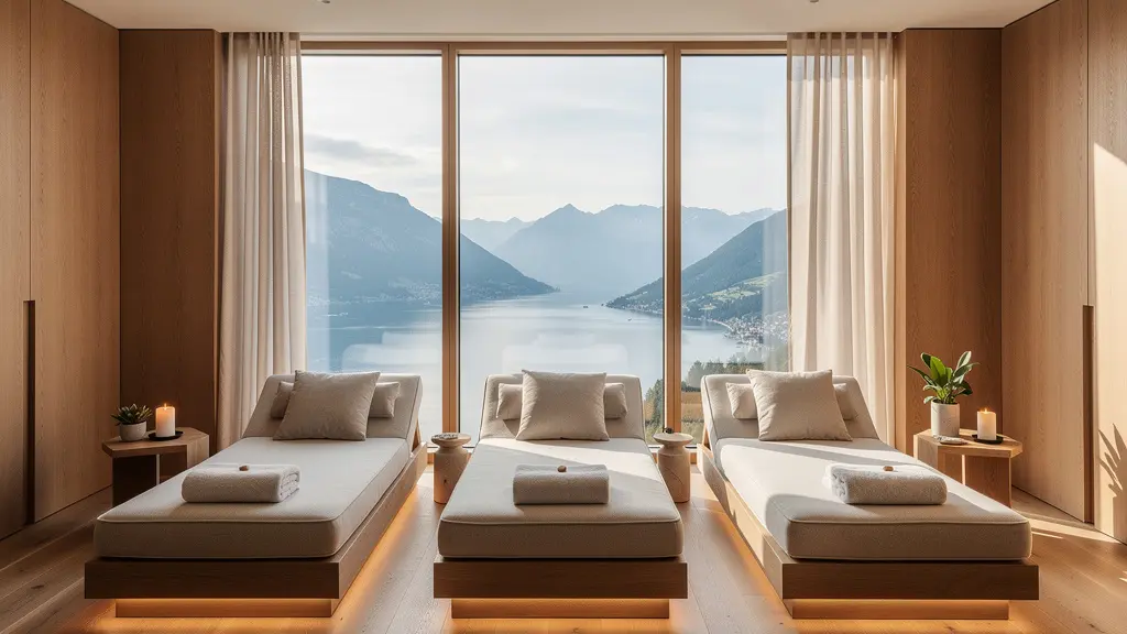 Transats espace détente spa avec vue panoramique sur le lac d'Annecy