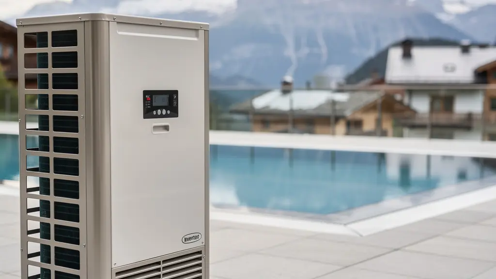 PAC Full Inverter moderne installée près d'une terrasse de piscine hôtelière