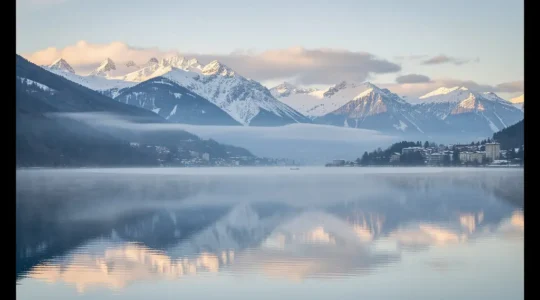 Vue panoramique du lac d'Annecy à l'aube avec reflets des Alpes enneigées