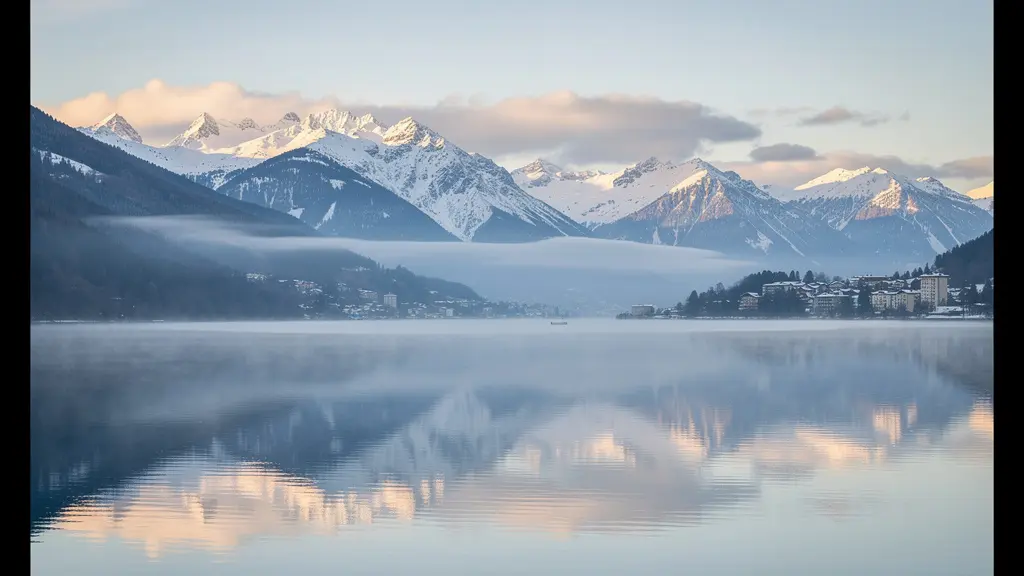 Vue panoramique du lac d'Annecy à l'aube avec reflets des Alpes enneigées