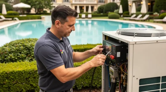 Technicien inspectant une pompe à chaleur piscine dans un hôtel suisse