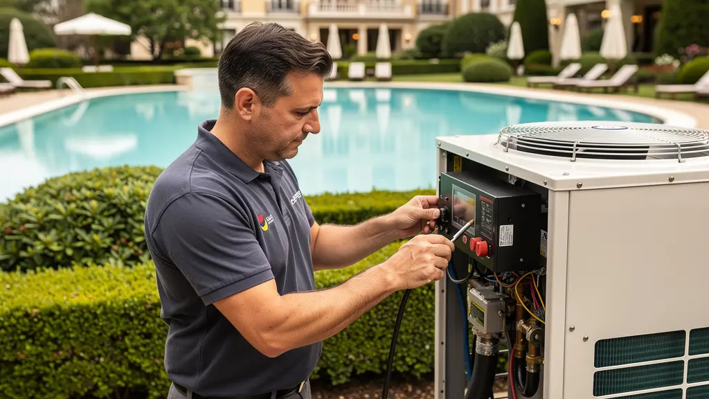 Technicien inspectant une pompe à chaleur piscine dans un hôtel suisse