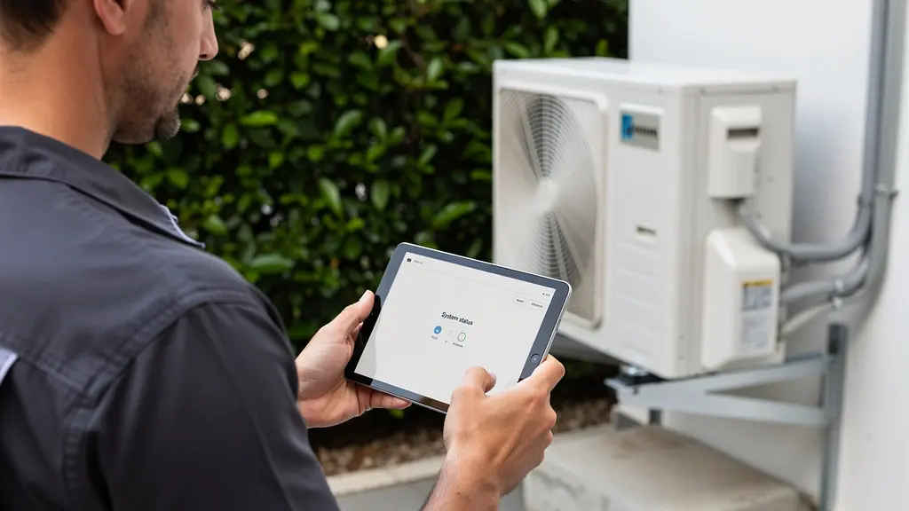 Technicien inspectant une pompe à chaleur piscine près d'un local technique d'hôtel