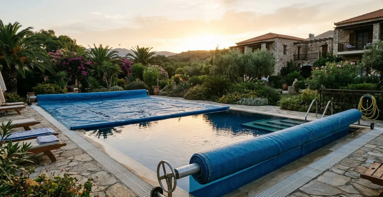 Couverture de piscine partiellement enroulée, bassin d'hôtel en arrière-plan au lever du jour