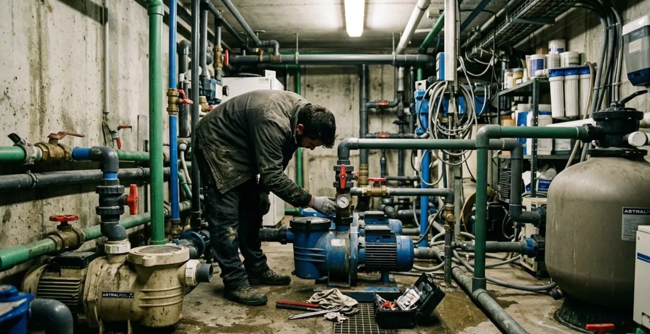 Vue d'un local technique de piscine avec pompes et tuyauteries, éclairage artificiel ambiant
