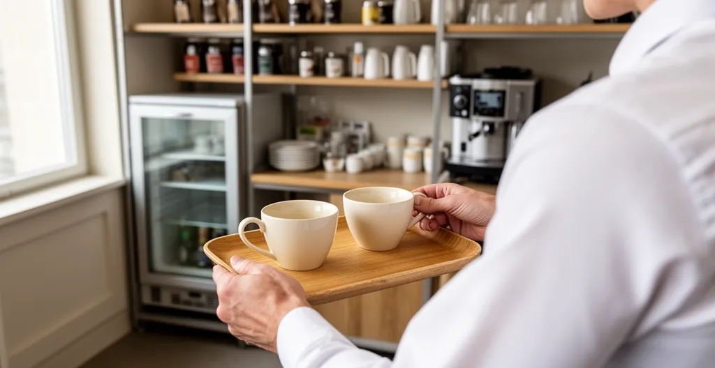 Personnel hôtelier préparant un service de thé premium (formation service)