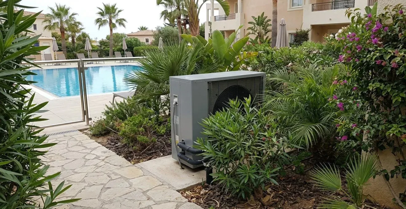 Pompe à chaleur extérieure près d'une piscine d'hôtel, vue partielle avec végétation environnante