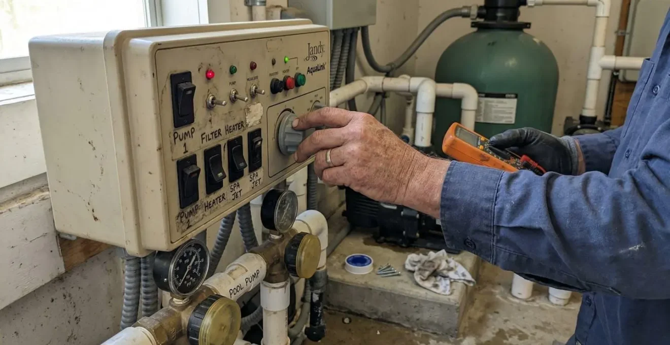 Mains d'un technicien relevant des paramètres sur un tableau de commande de piscine, arrière-plan flouté